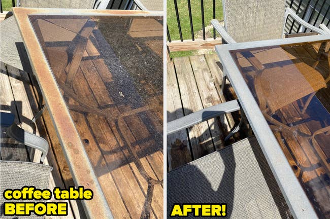 a reviewer's outdoor table before and after using Iron Out