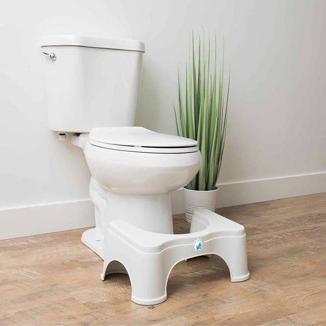 Toilet with a white foot stool in front, positioned beside a potted plant on a wooden floor