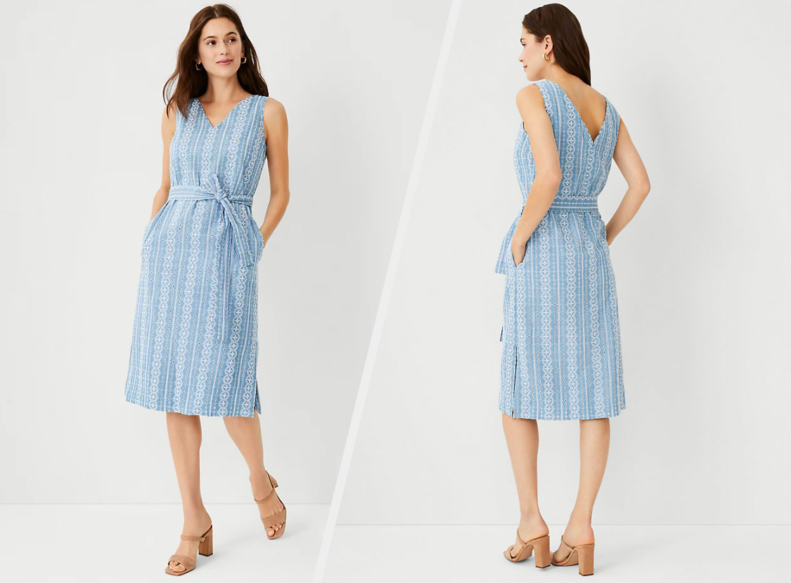Two images of model wearing blue midi dress