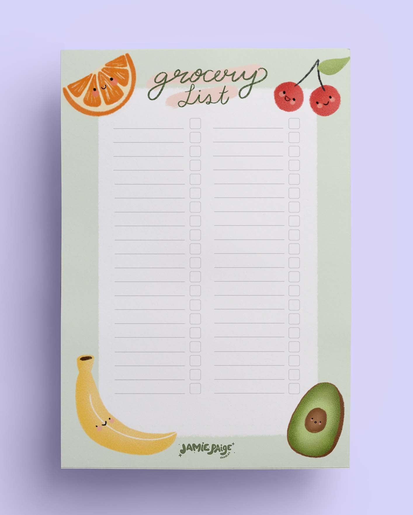 a grocery list notepad with an orange slice, cherries, banana, and half of an avocado illustrated on it
