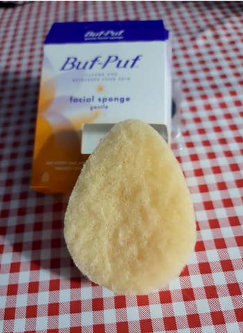 Buff Puf gentle facial sponge displayed connected  reddish  checkered surface, with packaging successful  the background