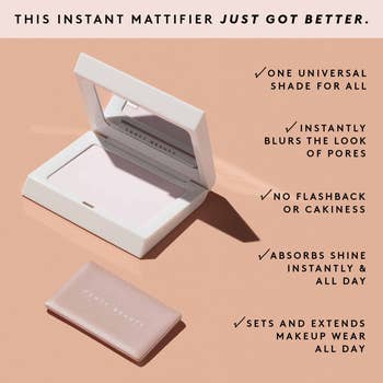 compact of product with text describing one universal shade, pore blurring, no flashback or cakiness, and how it absorbs shine and sets makeup all day