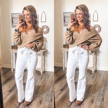 reviewer posing in nude off shoulder sweater