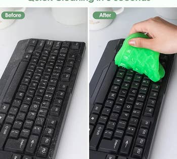 model's hands using green goo to clean dust off keyboard