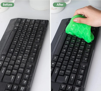 model's hands using green goo to clean dust off keyboard