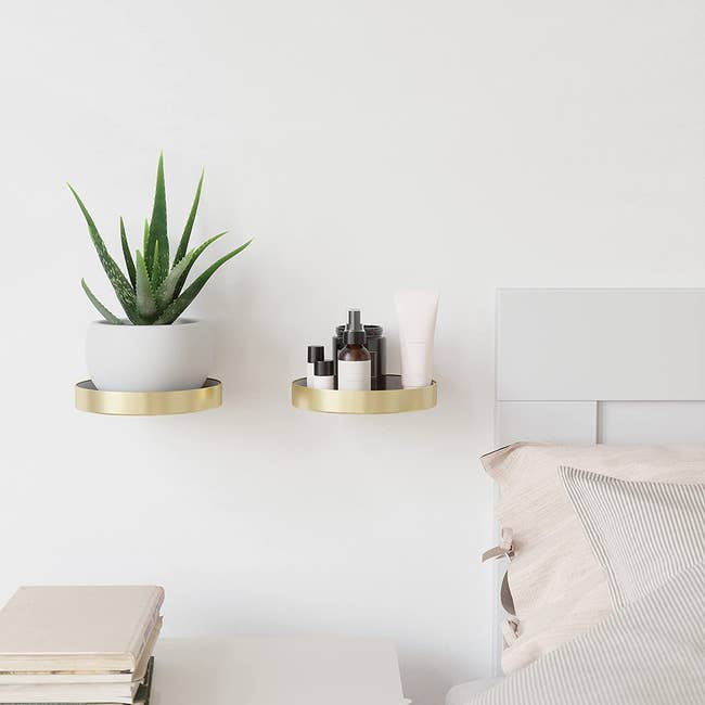 two brass shelves holding a succulent and skincare