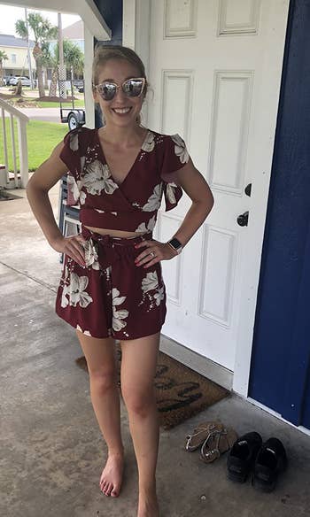 Reviewer wearing burgundy two-piece set
