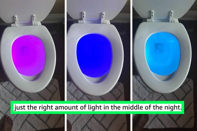 A toilet bowl glowing with a purple, blue, and light blue light 