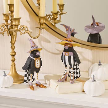 Two decorative birds successful whimsical witch hats and patterned outfits basal connected a mantel with achromatic pumpkins and a aureate candelabra nearby