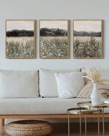 Tryptych of scenery  paintings supra  a sofa successful  a styled surviving  room, highlighting location  decor for a buying  feature