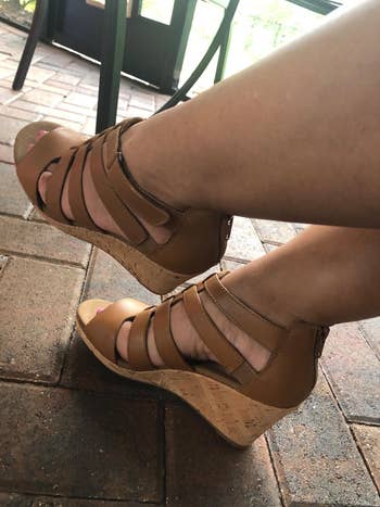 close up of the acheronian tan leather gladiator wedges connected a reviewer
