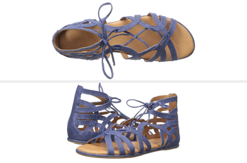 Strappy purple leather gladiator sandals with a front tie, side by side of product on a white background