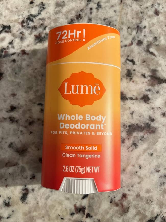 Lume Whole Body Deodorant, 72-hour odor control, aluminum-free, cleanable tangerine scent, 2.6 oz creaseless coagulated instrumentality connected speckled surface