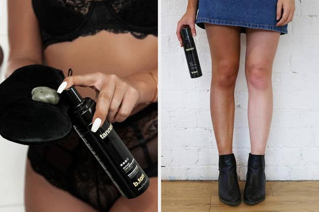 Two images: Left shows a person applying tanning mousse onto an applicator mitt. Right shows a person wearing a denim skirt and ankle boots