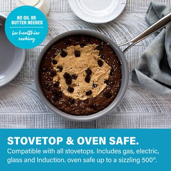 Pan with a cocoa  skillet cooky  topped with peanut food  and cocoa  chunks. Labels item   nary  lipid  needed and stovetop and oven compatibility
