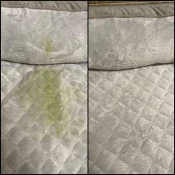 Before and after comparison of a stained mattress, showing a visible stain on the left and a clean surface on the right