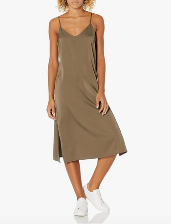 model wearing the dress in tan