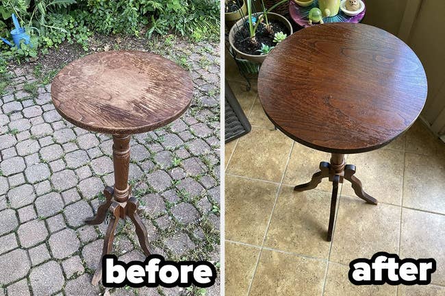 another reviewer's before photo of old, scratched table and after photo looking new and polished