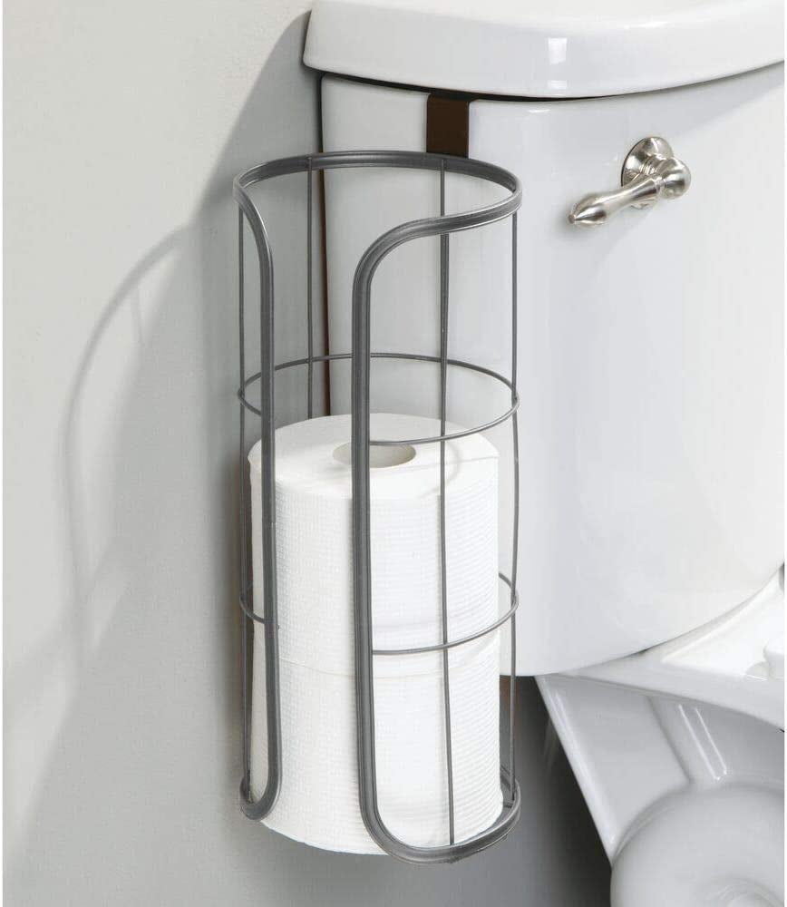 The holder hanging from the toilet bowl with three rolls inside it