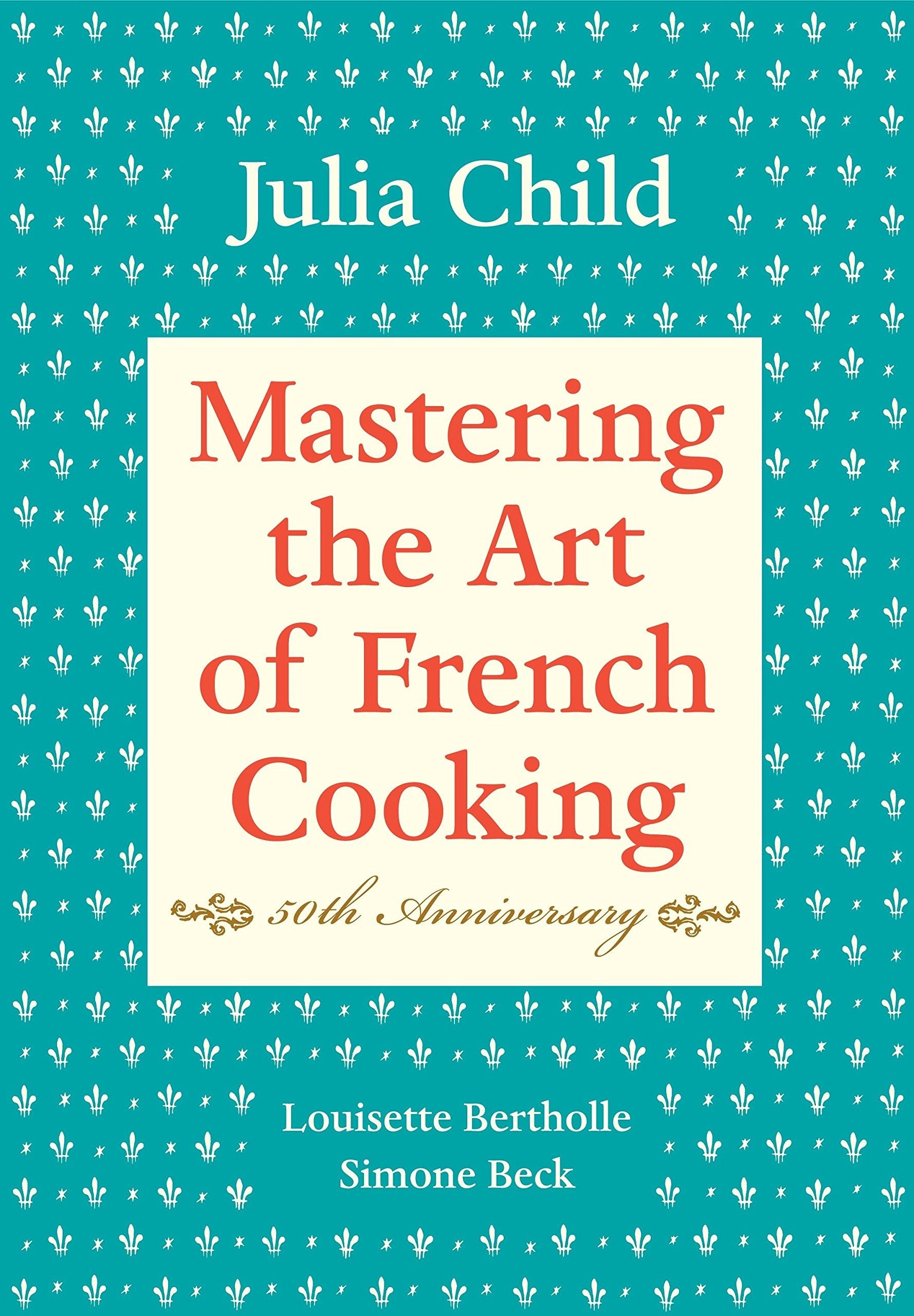 the green Mastering the Art of French Cooking cover with red lettering