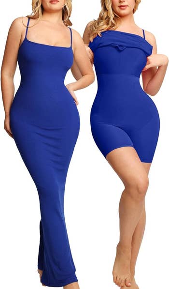 model wearing a bodycon blue dress and then showing shapewear beneath it 