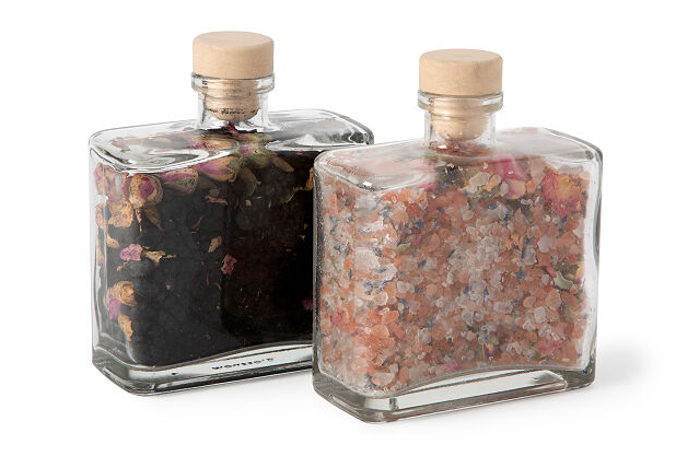 the set of bath crystals in glass jars