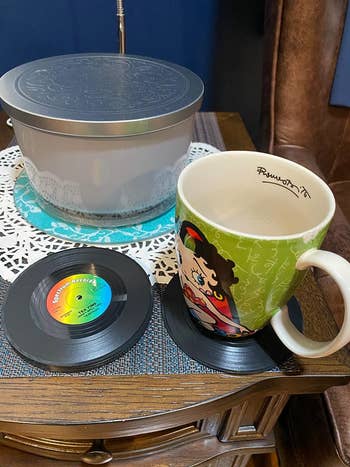 reviewer image of mug on record coasters
