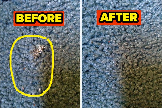 Reviewer's carpet with bird poop and after using poop-off with stain removed