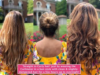 a three-picture diagram of a person with straight hair, the same person wearing a bun, and the same person with curly hair