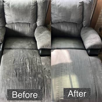 reviewer image showing before and after using the green machine on a velvet grey armchair
