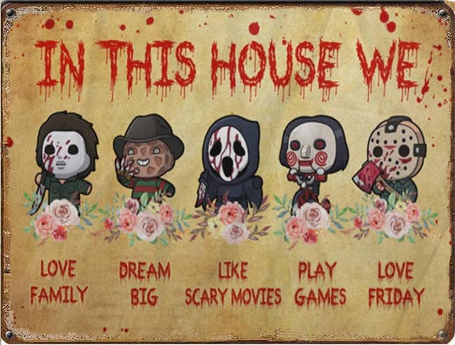 sign with cartoon versions of horror movie villains