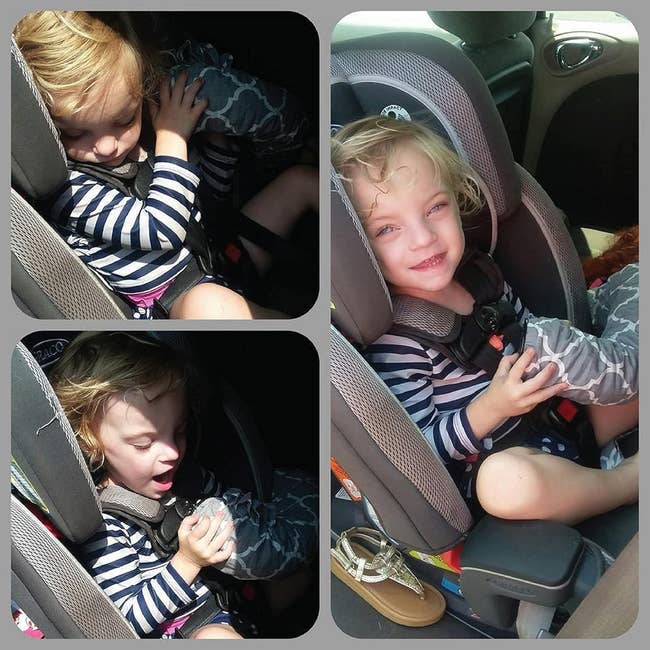 Three-panel photo of a child in a car seat holding The Noggle, which is blowing cool air in their face