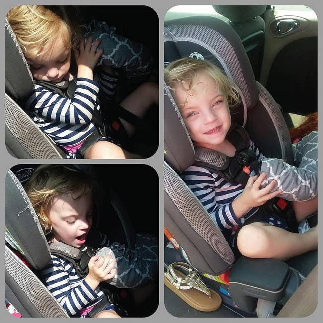 Three-panel photograph of a kid successful a car spot holding The Noggle, which is blowing chill aerial successful their face