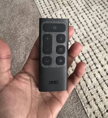 Hand holding a Dreo distant with power, volume, and paper buttons. Appears connected a carpeted floor
