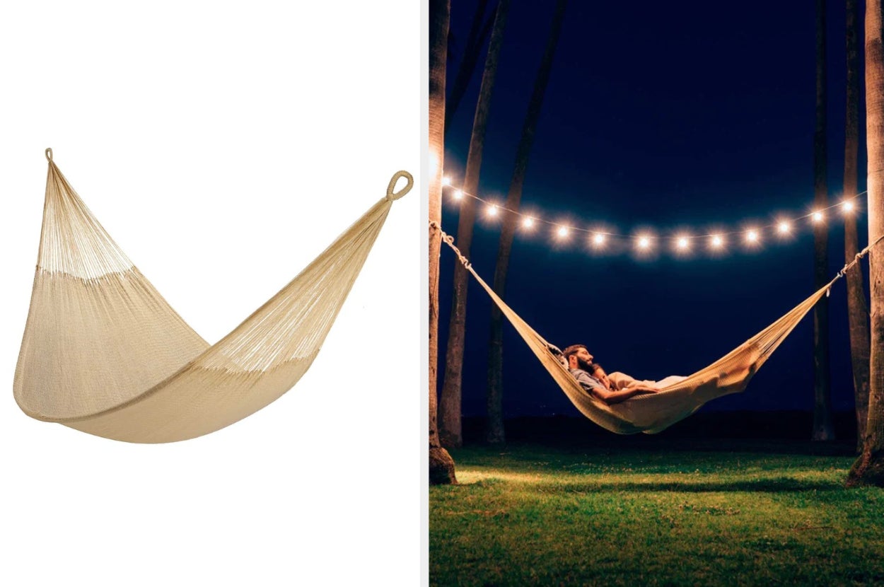 Beige hammock with two end loops on a white background, two models laying in product tied around tree trunks with string lights above