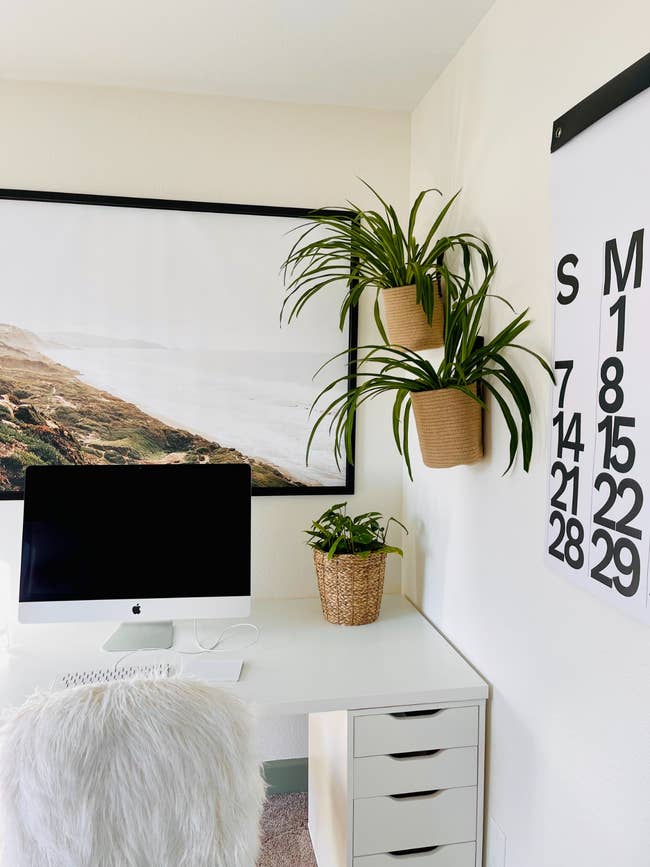 Home office space with a desktop computer, calendar on the wall, and two hanging planters