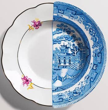 soup bowl with half white with flower detail design and half blue and white design