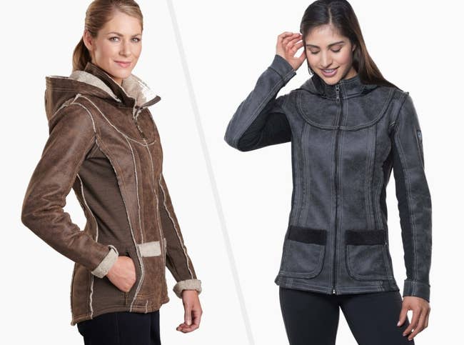 Two images of models wearing brown and black jackets