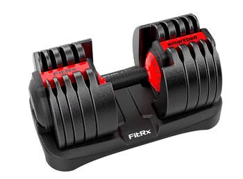 Adjustable dumbbell acceptable with value plates and a dial for selecting resistance. Brand sanction