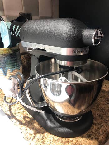 reviewer's black matte mini kitchenaid mixer on countertop