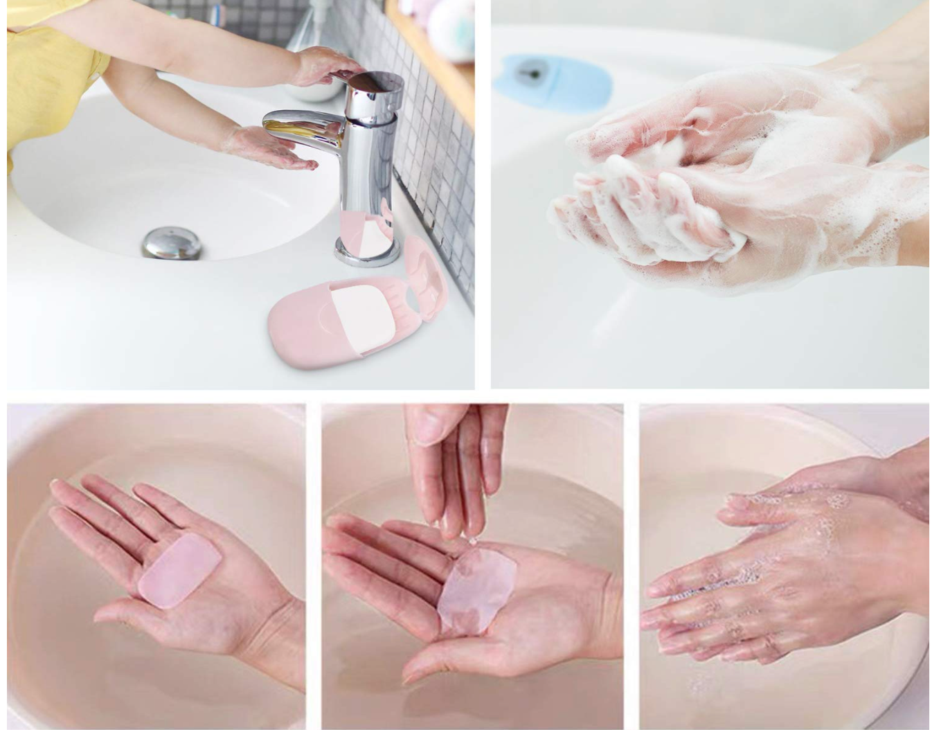 Mode using a thin sheet pulled from a small pink dispenser to wash their hands 