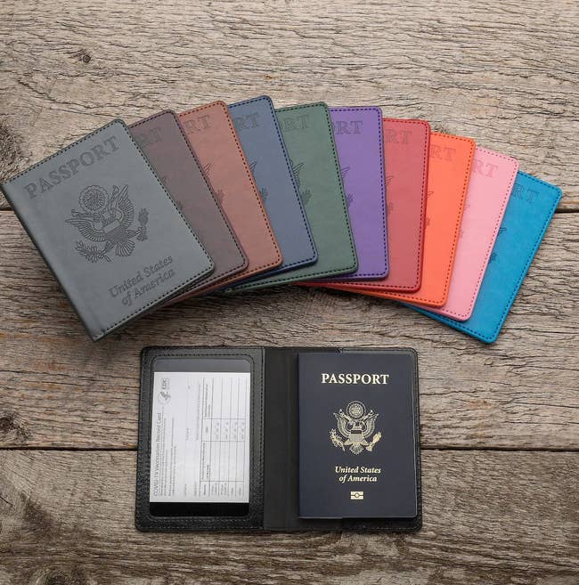 a vaccination card and passport in the black holder beneath fanned out holders in assorted colors 