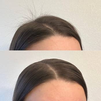 Reviewer's hair before and after using hair wax stick