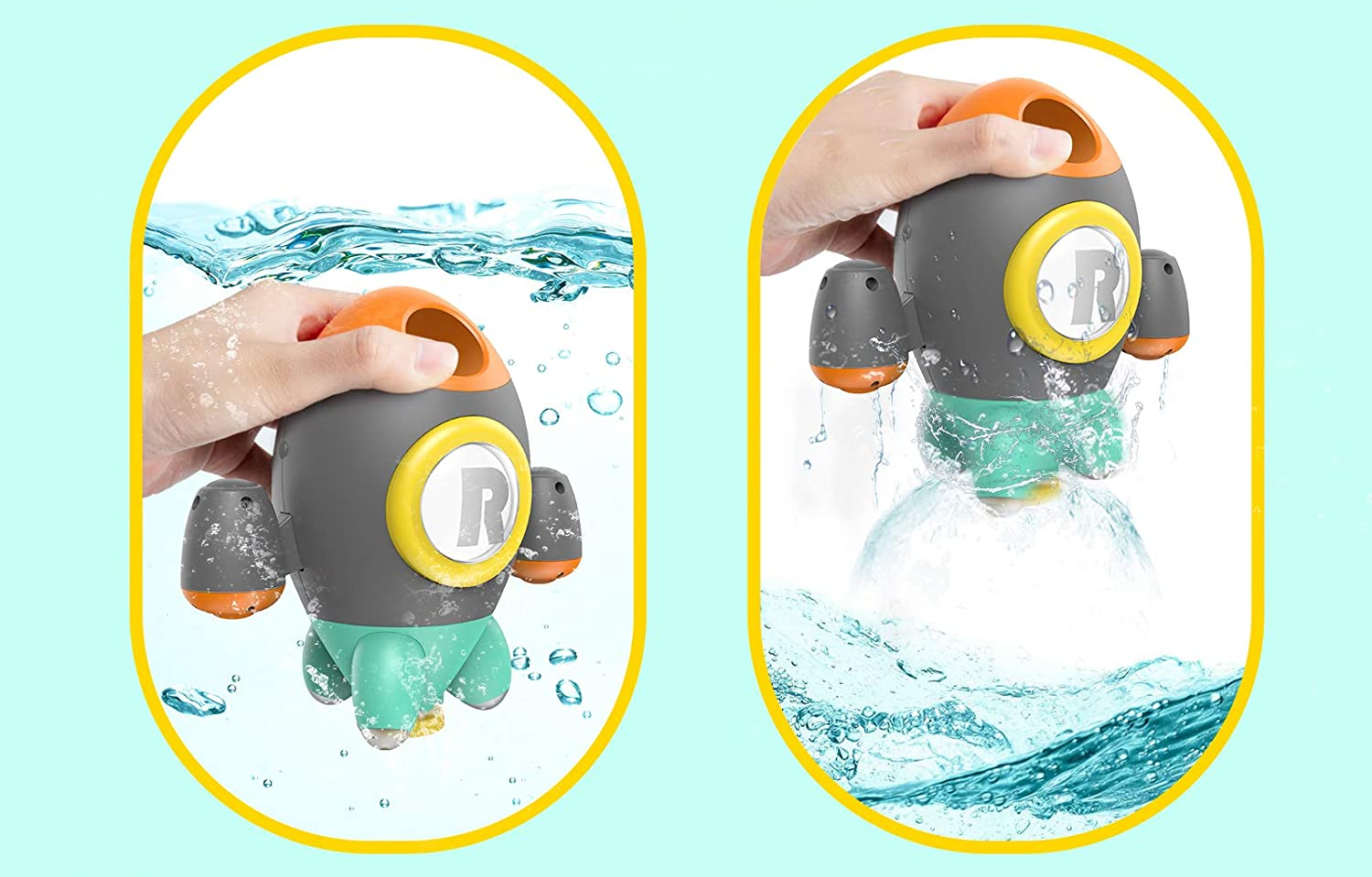 presents 3 year olds Gray, orange, yellow, and teal plastic rocket bath toy submerged and spraying water