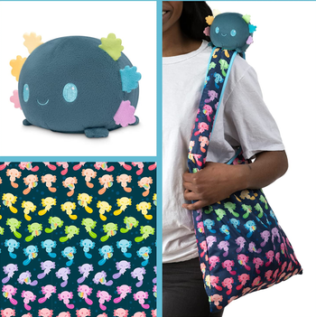 rainbow axolotl tote bag and plush