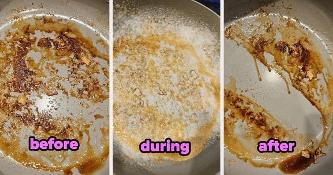 Three-panel image showing a dirty pan before, during, and after cleaning