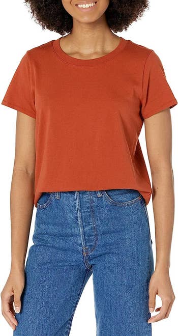 a model wearing a short sleeve T-shirt in burnt orange 