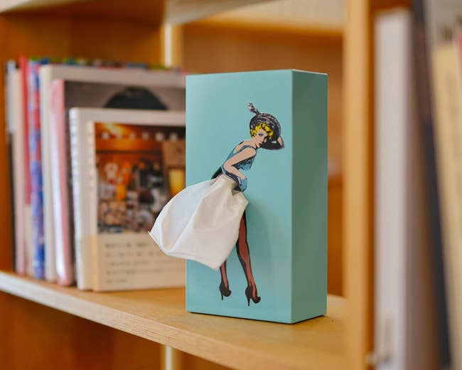 Tissue box with vintage-style fashion illustration on a shelf with books