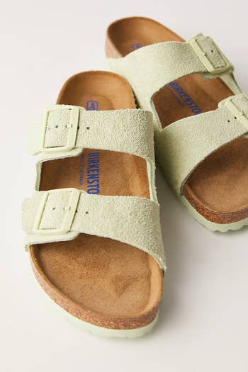 Birkenstock Arizona sandals with suede straps and adjustable buckles connected  a neutral background