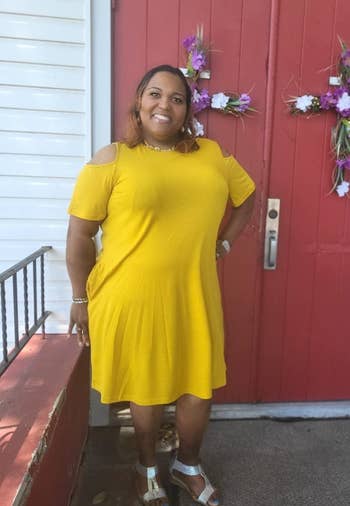 Reviewer wearing the dress in yellow